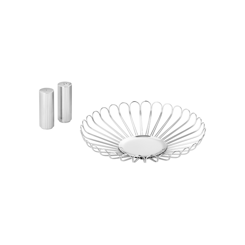 Georg Jensen Bernadotte Set: Bread Basket And Salt & Pepper Shakers in Design Inspired By Sigvard Bernadotte