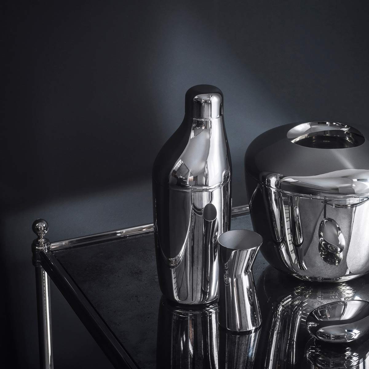 SKY cocktail shaker, jigger, bottle opener and ice bucket with tongs in mirror polished stainless steel